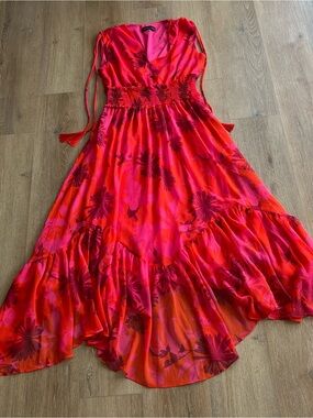 Zarr Collection Vibrant Red Floral Maxi Dress with Smocked Waist